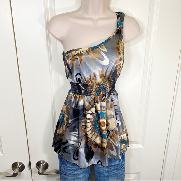 Satin One Shoulder Retro Tie Dye Design Tank Top - Picture 6 of 15